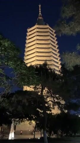 The video shows a tall, intricately designed pagoda illuminated against a dark, night sky. Trees frame the foreground, partially obscuring the base of the structure. The pagoda has multiple tiers, each with a distinct roofline. At the top, a spire-like feature extends upwards. In the far background, a single person walks. The camera steadily zooms in on the top of the pagoda.