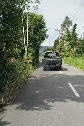 This is a short video clip shot from a moving vehicle, likely a car or motorcycle, on a paved road in a rural, tropical setting. The primary subject is a black pickup truck traveling in the same direction on the road ahead. The truck appears to be in motion, and the camera vehicle is following at a distance.

The scene is characterized by lush greenery on both sides of the road. Dense foliage, including trees and what appear to be banana plants, lines the left and right sides of the asphalt. Sunlight dapples the road surface, suggesting it is daytime, possibly late morning or early afternoon, with some cloud cover present as indicated by the sky. In the distance, a hazy mountain or hill can be seen. There are utility poles along the roadside, suggesting the presence of infrastructure.

There are no people clearly visible in the frame, only the occupants of the pickup truck, whose faces are not discernible. The activity is simply traveling along a road. The overall mood is neutral and observational, capturing a moment of transit through a scenic, natural environment. No text is visible within the video frames themselves. The setting is consistent with a location like Kebunbaru, Indonesia, given the tropical vegetation and rural road conditions.