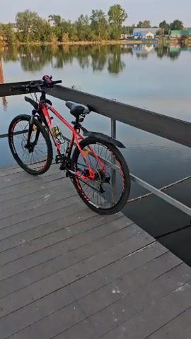A red mountain bike is parked on a wooden pier. The pier is next to a lake or river with trees and houses visible on the opposite shore. The bike is leaning against a gray railing. The water is calm and reflects the trees and sky. The sky is a light blue. There is a water bottle in a holder on the bike's frame. The bike has black tires with red accents.