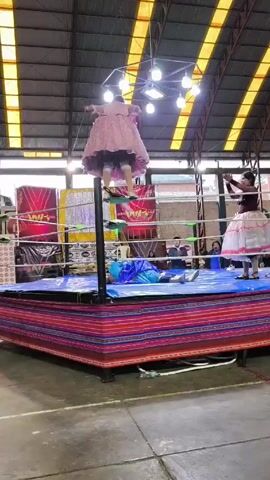 The video shows a women's wrestling match taking place in an indoor arena. A wrestler in a pink dress is standing on the top of one of the corner posts of the ring. She jumps off and lands on another wrestler in a blue dress who is lying on the mat. A referee in a striped shirt approaches the wrestlers to assess the situation. Another wrestler in a pink dress stands nearby. The wrestling ring is surrounded by a colorful blanket. A group of spectators can be seen in the background. The arena has a high ceiling with lights and steel beams. The floor of the arena is a light green color.