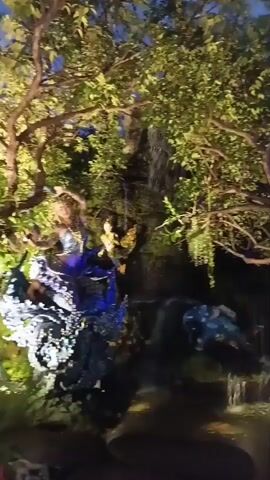 The video shows a nighttime scene with a small waterfall cascading down rocks. Trees with lush green foliage are illuminated by warm, yellow lights. Hanging plants and what appear to be orchids add to the greenery. In the foreground, there is a body of dark water at the base of the waterfall. On the left side, there are what look like decorative figures. In the water near the waterfall, there are blue and green decorative elements that resemble fish or aquatic creatures. Further to the right and slightly behind the waterfall, another decorative element, possibly an animal figure, is visible, illuminated by a purple light. The overall ambiance is that of a decorative garden or landscape feature at night.