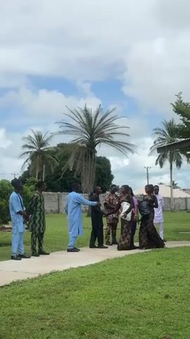 A group of people stand outdoors on a cloudy day. The ground is covered with green grass and a paved walkway. Palm trees and other foliage are visible in the background. Several men and women, dressed in traditional African attire, are engaged in conversation and handshakes. One man in a light blue outfit shakes hands with a woman in a patterned dress. Another woman holds a baby.