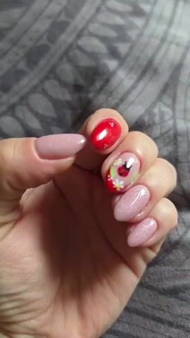 A close-up shot shows a person's left hand with a manicure. The fingernails are almond-shaped and painted in a light pink, shimmery polish, except for the ring finger which features a design. This accent nail is primarily white with a red-and-white floral design and a ladybug. The ladybug is black with red wings and black spots, positioned on the white background amidst the flowers. The background of the image is a dark gray, textured fabric, possibly a blanket or upholstery. A thin red bracelet with a blue evil eye charm is visible on the person's wrist. The lighting suggests indoor conditions, and no specific time of day or weather is discernible. The focus is entirely on the hand and its nail art, conveying a sense of personal adornment.