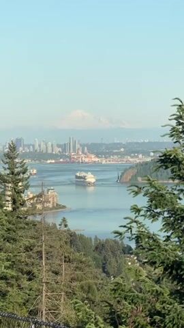 A large white cruise ship, possibly the Majestic Princess given the distinct bow pattern, sails through a blue waterway, likely Burrard Inlet, heading away from a bustling city skyline. The city, visible in the mid-ground, features numerous high-rise buildings and a port with distinctive red and white cranes. In the far background, snow-capped mountains stand prominently under a clear, bright sky. A green suspension bridge, resembling the Lions Gate Bridge, spans a narrow part of the water closer to the city. Lush green trees frame the foreground of the shot, which appears to be taken from a high vantage point. The scene is brightly lit by daylight, suggesting clear weather conditions. The overall impression is a scenic view of a coastal city with a ship departing, set against a backdrop of mountains.