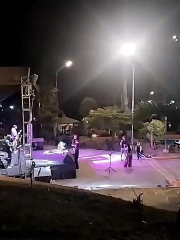 A night scene depicts a band performing on an outdoor stage. Several musicians are visible on stage, one of whom appears to be singing or playing an instrument. There are speakers and lighting equipment set up on the stage. Other individuals are standing or walking around the stage area. The environment includes trees and some structures in the background, illuminated by a bright light overhead. The ground in front of the stage appears to be a paved area, with some grass or dirt in the foreground. The overall impression is of a live music event taking place after dark.