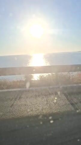 The video begins with a bright sun low in the sky, casting a shimmering reflection on the ocean. A wooden barrier with metal supports runs horizontally across the lower half of the frame. Beyond the barrier, the ocean stretches to the horizon. The foreground consists of a grassy area and a paved surface, possibly a road. The camera appears to be in motion, as indicated by the slight blur and the way the scene shifts. The sun is the dominant light source, creating a glare that obscures some details. As the video progresses, the coastline becomes visible to the right, with rolling hills and rocky terrain. The scene is bathed in the warm light of what appears to be either sunrise or sunset. Small specks of light, possibly dust or water droplets, are visible in the air.