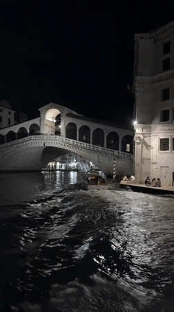 Venice canals at night, Rialto Bridge and gondolas lit up