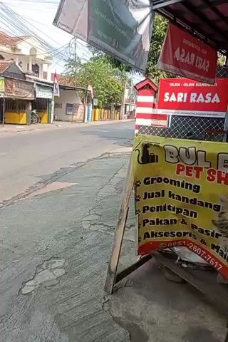 The video shows a street scene with shops lining the road. A sign for "BULL PET SHOP" is prominently displayed on a yellow banner with text that includes "GROOMING," "JUAL KANDANG," "PENITIPAN," "PAKAN & PASIR," and "AKSESORIS & MAINAN," along with a phone number. There are also red and white striped poles and flags visible. The road appears to be paved and is relatively empty. The weather seems to be sunny.