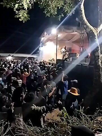 The video shows a lively outdoor concert at night in Nglegok, Indonesia. A band is performing on a stage, illuminated by bright lights and smoke machines, creating a dramatic atmosphere. A large crowd of people is gathered in front of the stage, enthusiastically watching the performance. Many are holding up their hands, dancing, and appear to be enjoying the music. The setting is rural, with trees and vegetation visible in the foreground, suggesting the concert is taking place in an open area, possibly a field or park. The lighting and the attire of the people suggest a warm evening. The overall mood is energetic and celebratory. There is no visible text in the video.