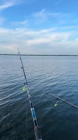The video shows two fishing rods set up on a body of water. The water is calm and appears to be a lake or a large river. The sky is blue with some scattered clouds. One fishing rod is in the foreground, and the second is slightly further back. Both rods have green bobbers or floats attached. The camera is stationary, looking out over the water.