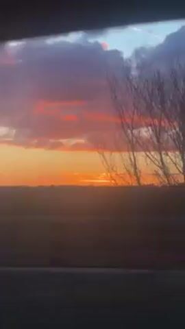 From inside a vehicle, the camera captures a vibrant sunset. Silhouetted bare trees stand against the fiery orange and red sky, streaked with layers of clouds. The sun's rays shine through the trees and beneath the clouds. The top of the frame shows the vehicle's interior. A safety barrier can be seen in the foreground. The vehicle is likely moving along a highway. There is music playing in the background.