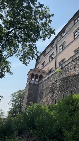 A low-angle shot pans across a stone castle wall on a sunny day, with lush green foliage in the foreground. The castle has multiple stories with rows of windows. A covered walkway with columns juts out from the castle. The sky is clear blue with some wispy clouds. A large tree branch with green leaves is visible in the upper left corner.