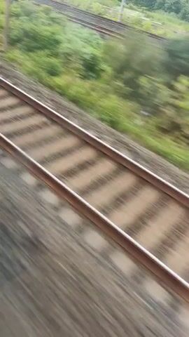 This video shows a low-angle, motion-blurred view of train tracks from a moving train. The tracks consist of two parallel rails laid on a gravel bed. Green foliage and some indistinct structures are visible in the background, also blurred due to the speed of the train. The lighting suggests it is daytime.