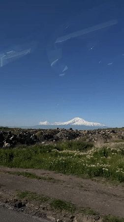 Mount Ararat filmed from vehicle in Armenia morning