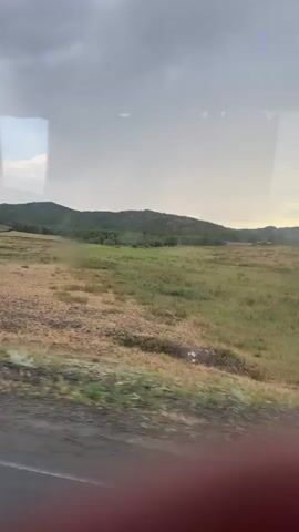 This media file shows a view from a vehicle, likely a bus, traveling through a rural landscape. The scene is dominated by rolling hills covered in dry grass and scattered trees, characteristic of a steppe environment. A paved road, wet from recent rain, runs through the middle ground. In the distance, more hills are visible under a cloudy sky. The time of day appears to be late afternoon or early evening, with soft, diffused light. The weather seems to be overcast, possibly with lingering rain, as indicated by the wet road and the subdued colors. There are no people or prominent objects in the foreground. In the middle ground, there are a few white markers along the side of the road and some distant structures that are too small to identify clearly. The overall mood is peaceful and somewhat desolate, reflecting the vastness of the open country. The location is identified as Qarqaraly, Kazakhstan, which aligns with the observed landscape features. There is no visible text in the media file.