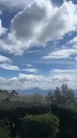 The video showcases a panoramic view of a city nestled by the coast, shot under a bright blue sky dotted with puffy white clouds. The camera pans slowly from left to right, revealing a landscape that combines natural and urban elements. In the foreground, lush green hedges and trees provide a natural frame, while in the distance, the city unfolds with its clustered buildings and rooftops. Beyond the city, the sea stretches out to the horizon, with mountains visible on the distant shore. The overall impression is one of a vibrant city set against a backdrop of natural beauty.