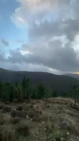 The video presents a scenic view of a mountainous landscape under a cloudy sky. The foreground consists of rocky terrain covered with low-lying vegetation and sparse pine trees. As the camera pans, an electrical transmission tower comes into view on the right side. In the background, undulating hills stretch into the distance, with a winding dirt road visible along the slope of one of the hills. The clouds overhead are a mix of gray and white, with some glimpses of a golden light towards the horizon. The overall lighting suggests either early morning or late afternoon.