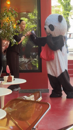 Panda costume performer visits outdoor cafe in Yerevan