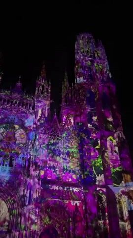 The video shows a Gothic cathedral at night, illuminated by colorful projection mapping. The cathedral's facade is covered in vibrant purple, pink, green, and blue patterns that constantly shift and change, resembling stained glass, floral motifs, and abstract designs. The camera slowly pans upwards, revealing the full height of the cathedral's intricate towers and spires, all bathed in the dynamic light display. The sky in the background is completely dark, making the illuminated cathedral stand out prominently.