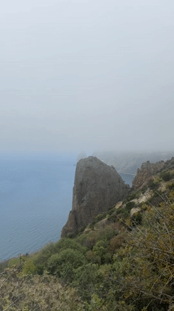 Foggy morning captured along Sevastopol's rocky Black Sea coastline