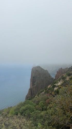 Foggy morning captured along Sevastopol's rocky Black Sea coastline