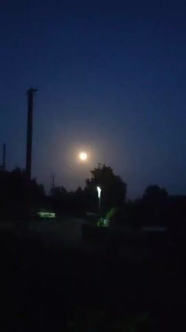 A low-angle, handheld video captures a nighttime scene with a bright full moon dominating the upper center of the frame. The moon is surrounded by a faint, hazy glow. Silhouetted against the moonlit sky are the dark shapes of trees and foliage, forming a dense line across the middle ground. To the left, a tall, dark utility pole with protruding arms stands out. In the foreground, the ground is almost entirely dark, with a faint, dimly lit area on the left that might be a path or a patch of illuminated ground. A single, brightly lit, modern-looking lamppost is visible in the middle right, casting a greenish light on the tree behind it. The sky is a deep, clear blue, characteristic of nighttime. The overall impression is one of a quiet, rural setting under the bright glow of the moon.