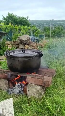 A large black pot sits on a makeshift stove made of bricks and metal bars over a fire. The fire burns brightly with flames and smoke. The pot is covered with a lid, and steam is rising from it. The scene appears to be outdoors, with green grass, trees, and a hill in the background. The sky is overcast.