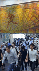 Tashkent subway station documented with train arrival, mosaic art