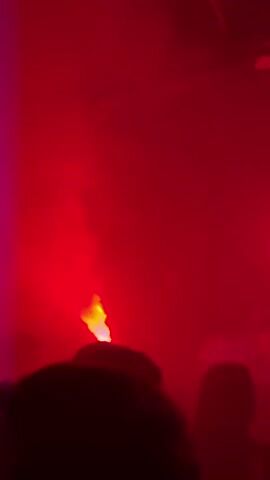 The video captures a lively scene, likely a concert or club event, illuminated by a pervasive red light. In the foreground, silhouettes of several people are visible, indicating a crowd. Further back, a person wearing a white t-shirt can be seen, possibly a performer or DJ on a stage. The most prominent object is a bright, glowing red neon sign in the shape of the letter "S" positioned centrally in the frame. The atmosphere appears dark and hazy, with the red light casting a vibrant glow. Upbeat music with a strong beat plays throughout the video. The event is taking place at night in Turin, Italy.