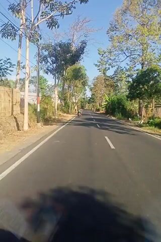 The video shows a POV shot from a moving vehicle, likely a motorcycle, traveling on a paved road. The road has a white line dividing the lanes. The vehicle is moving at a moderate speed. On the right side of the road, there is a clear path with some vegetation and shadows cast by trees. On the left side of the road, there are more trees, some with sparse foliage, and a utility pole with wires. In the distance, there are more trees and some buildings. Two motorcycles are visible on the road ahead, also traveling in the same direction. One motorcycle is closer to the camera than the other. The sky is clear and blue. The overall impression is that of a sunny day in a rural or semi-rural area.