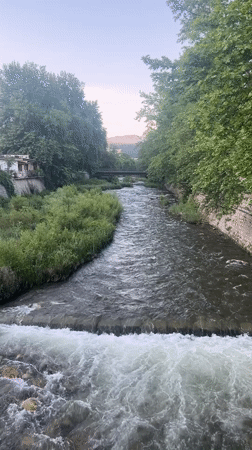 Urban river flows through Blagoevgrad Bulgaria city center
