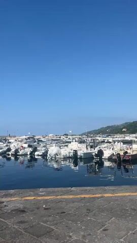 The video captures a serene daytime scene at a marina, consistent with the location of Marina di Casal Velino, Italy. The primary subjects are numerous white motorboats and yachts of various sizes, docked closely together in calm, dark blue water. The boats reflect subtly on the water's surface.

In the foreground, a paved stone quay, marked with a yellow line, runs along the water's edge. The camera pans slowly to the left, revealing more of the marina. In the distance on the quay, several small figures, presumably people, are visible, though their specific activities are indistinguishable due to the distance. Some white tent-like structures can also be seen further down the quay.

The weather is clear and sunny, indicated by the bright, cloudless blue sky, which features a faint, wispy contrail. The overall impression is one of a quiet, pleasant day at a bustling yet orderly port. No discernible text is visible within the video frame.
