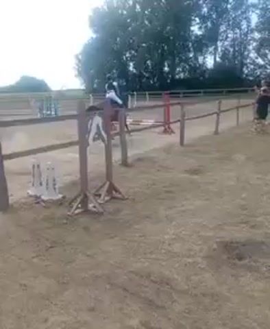 A horse and rider are jumping over an obstacle in an outdoor arena. The rider is wearing a white shirt and helmet, and the horse is brown. The arena has a dirt surface and is enclosed by a wooden fence. There are several other jumps in the background, as well as trees and a clear sky. A person stands near the fence watching the event.