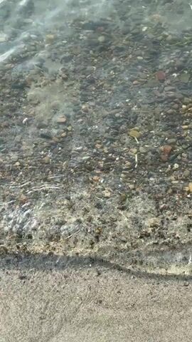 The video shows a close-up, overhead view of shallow water lapping onto a pebble and sand shoreline. The water is clear, allowing the pebbles and sand beneath to be seen. Small waves are gently rolling in, creating a foamy white edge as they reach the shore. Sunlight glints off the surface of the water, creating bright reflections. The pebbles are a variety of colors, including grey, brown, and reddish-orange, and are of various sizes. The sand appears to be light brown. The scene is natural and peaceful, with no people or artificial objects visible.