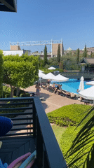 Poolside water aerobics class at a Turkish resort