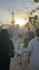Tourists visit wooden ship replica attraction in Kuta Selatan