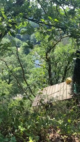 In this short video clip, a person wearing a red helmet, a white t-shirt, and dark shorts is standing on a wooden platform, which appears to be part of an adventure course. The platform is suspended amidst lush green trees, suggesting an outdoor setting like a forest or a park. The person is equipped with a backpack and a harness, indicating they are likely engaged in an activity such as zip-lining or a high ropes course. 

The individual is looking towards the right, and their right hand is extended, possibly to grip a cable or guide themselves. Behind them, another person wearing a pink helmet can be seen on a similar platform, suggesting they are part of a group or activity. A yellow object is visible on the platform to the right of the main subject, partially obscured by foliage and a camouflaged structure.

The background reveals a scenic view of rolling hills and a body of water, possibly a river or lake, further emphasizing the natural outdoor environment. The bright sunlight filtering through the leaves suggests it is daytime, likely a clear and pleasant day, suitable for outdoor recreation. The overall atmosphere appears adventurous and engaging, with the participants enjoying a thrilling experience in a natural setting. There is no visible text in the video.