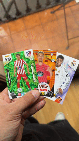 Barcelona resident examines Panini football trading cards collection
