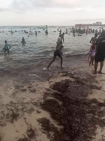 The video shows a crowded beach with people swimming and wading in the water. Some individuals are closer to the shore, while others are further out in the ocean. The beach itself is sandy with patches of seaweed scattered along the shoreline. There is a structure visible in the background, possibly a pavilion or lifeguard station. The sky is overcast, suggesting a cloudy day. In the foreground, a person labeled "DOMILOI" is seen carrying a flotation device. Children are seen running in and out of the water. The scene appears to be a typical day at a popular beach.