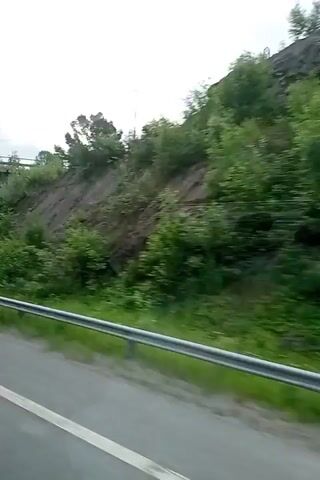The video shows a view from a moving vehicle, likely a car, traveling along a road. The scene is rural and green, with lush vegetation and trees lining the road. In the distance, a bridge or overpass can be seen. There are some clouds in the sky, suggesting it might be an overcast day.

At the 00:04 mark, a sign is visible on the right side of the road. The sign is brown with a white border and has some text and a logo on it. The text appears to be in Swedish or Finnish. Based on the location context provided (Kuopio, Finland), the sign is likely providing information relevant to drivers in the area.

The overall impression is a journey through a natural, green landscape. There are no people or animals clearly visible in the footage. The activity is the transit of the vehicle through this environment. The time of day is not definitively clear, but the lighting suggests it is daytime.