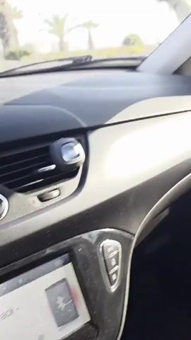 The video provides a first-person perspective from inside a car. The camera pans to show the dashboard and then shifts to capture the view through the side window and the front windshield. The exterior scenes reveal a sunny day with palm trees lining a street. Cars and buildings are visible along the road. The car appears to be in motion, driving down the street. A side mirror reflects the road and other vehicles. The dashboard instruments, including a speedometer, are partially visible. The video is short, lasting only a few seconds.