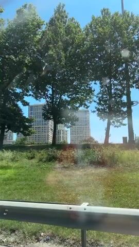 This is a horizontal, eye-level, first-person point of view video of a streetscape. In the foreground is a metal guardrail with vertical supports. Beyond the guardrail is a sloped grassy area with trees scattered throughout, some of which are large and full. In the middle ground, behind the trees, are several modern, light-colored apartment buildings of varying heights, with multiple windows visible on their facades. The sky is clear and blue, suggesting a sunny day. The camera appears to be moving, likely from a vehicle, as indicated by the slight blur and the perspective shift. A yellow plastic trash bag is visible on the grassy area near the guardrail at the end of the video.