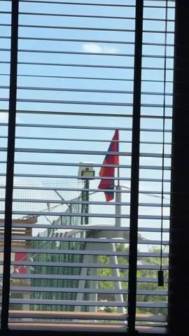 The video shows a view through blinds of an outdoor scene. A flag, predominantly red and blue with some orange, is visible on a pole. Behind the flag, a white structure with a dark top is present, along with a green chain-link fence and some blurry trees and structures. The sky is blue with some wispy clouds.
