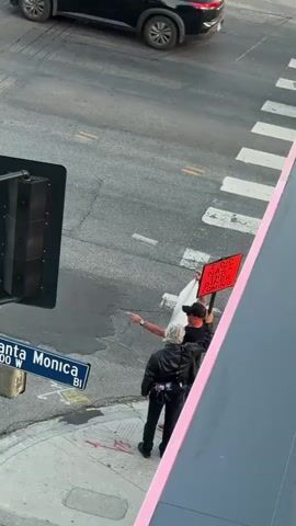 Two individuals stand on a street corner, one holding a red sign that reads "I DID NAZI THIS DINER COMING." They are positioned near a street sign indicating Santa Monica Blvd. Traffic passes by, including a teal car, a silver car, and a black SUV. The individuals appear to be observing the traffic. The video is taken from an elevated position.