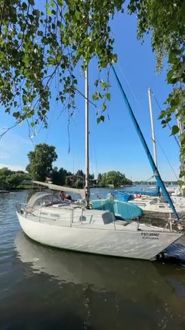 The video pans across a marina on a sunny day. A white sailboat with a blue sail is docked at a wooden pier. The boat has a registration number that reads "PST-200MI". There are people visible on the boat and on the pier. Trees with green leaves overhang the scene, and a clear blue sky is visible above. The water in the marina is calm. Another sailboat is docked behind the first one. The camera moves to the right, revealing more of the pier and several people walking along it. The sun casts shadows, indicating it is daytime.