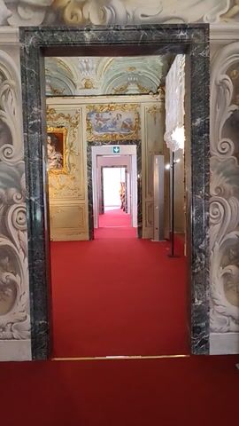 The video shows a view through a dark-framed opening, looking down a hallway inside a building. The hallway is decorated with ornate, light-colored wall panels featuring gilded trim and painted scenes. A framed painting is visible on the wall to the left. The ceiling is also decorated with moldings and a white, frilly light fixture. The floor of the hallway is covered in a red carpet. Further down the hall, a person wearing a black top and light-colored pants walks away from the camera, through a doorway with an emergency exit sign above it. The wall to the right of the opening is solid red. The camera is held vertically, giving a top-down perspective.