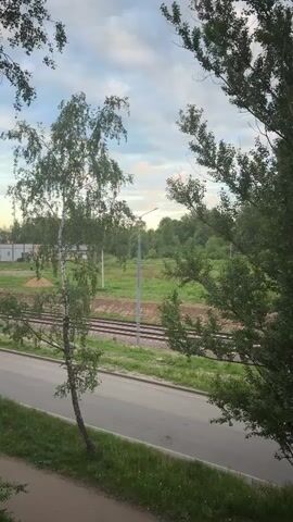 The view from an elevated position captures a scene featuring a roadside, railway tracks, and lush greenery under a partly cloudy sky. The foreground showcases a gray asphalt road bordered by green grass, with a thin white line marking its edge.  Behind the road, a set of railway tracks run horizontally across the frame, bordered by light-colored gravel.  Beyond the tracks is a field of greenery, dotted with dense trees and foliage. A single tall utility pole stands upright amidst the greenery. A white building with a gray roof is partially visible.  The sky is a mix of blue and white, with hues of orange appearing along the horizon. Two trees frame the view. The camera remains static.