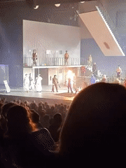 Theatrical performance with dramatic effects staged in Barcelona theater