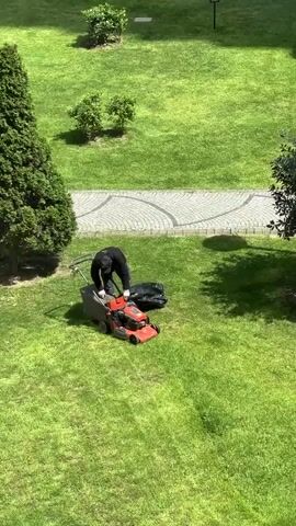From an elevated perspective, the video shows a person mowing a green lawn. The individual, dressed in dark clothing and a cap, is bent over a red lawnmower, seemingly emptying its collection bag. Next to the lawnmower is a black trash bag, presumably for the grass clippings. The lawn itself is neatly trimmed, with a pathway made of light-colored stones bisecting the grassy area. Small trees and shrubs are planted around the perimeter of the lawn, and the sun casts shadows on the ground. A signpost can be seen in the background.