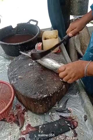 The video shows a person's hands preparing a fish on a large, round wooden chopping block. The person is using a large cleaver-like knife to gut the fish. Several pieces of fish, including internal organs, are already on the chopping block and scattered on the tarp-covered surface. To the left, there is a black plastic tub filled with a dark liquid, likely water or blood. To the right of the chopping block, there is a small wooden container and a red-handled brush. A red plastic basket is partially visible on the far left. The background is indistinct but appears to be an outdoor setting. The person is wearing a blue garment and a silver bracelet on their right wrist. The overall scene depicts the process of cleaning and preparing a fish for consumption or sale.